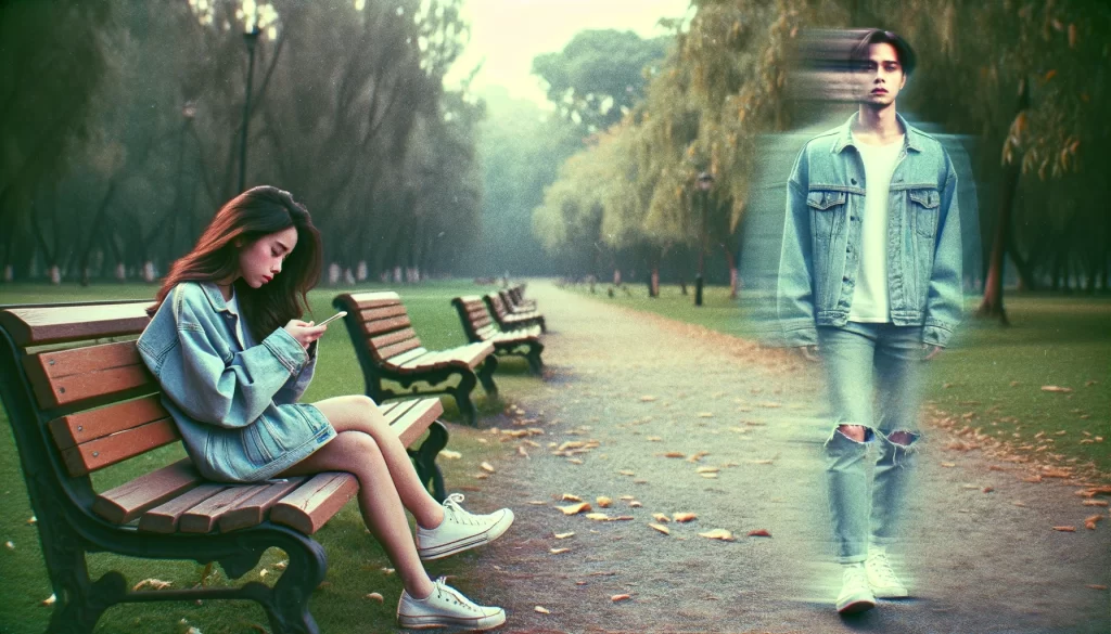 Ghosting boyfriend walking away from his girlfriend who is sitting on a park bench